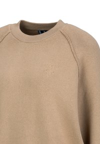 Beige crewneck sweater gemaakt van zachte stof met geribbelde halslijn en raglanmouwen; heeft een subtiel reliëflogo op de borst.