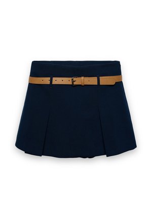 Jupe plissée bleu marine avec une ceinture en cuir beige dotée d'une petite boucle, présentée à plat sur un fond blanc.