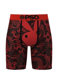 Boxeri scurți roșii și negri, cu un model de dragoni și iepuri, confecționați dintr-un material elastic, având un brâu elastic inscripționat "PSD."