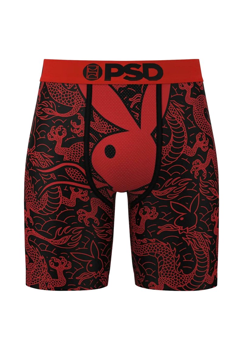 Boxeri scurți roșii și negri, cu un model de dragoni și iepuri, confecționați dintr-un material elastic, având un brâu elastic inscripționat "PSD."