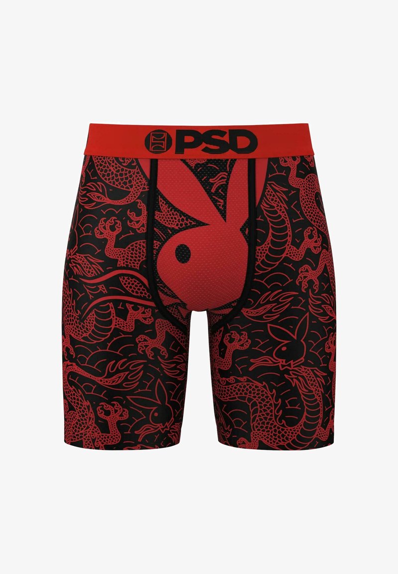 Boxer shorts rojos y negros con un patrón de dragón y conejo, fabricados con tejido elástico, con una cinturilla elástica etiquetada "PSD."