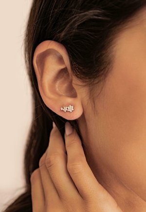 Silberne Ohrstecker mit floralem Design, besetzt mit mehreren kleinen klaren Edelsteinen. Tragen an einem Ohr, mit einer Hand, die sanft den Bereich berührt.