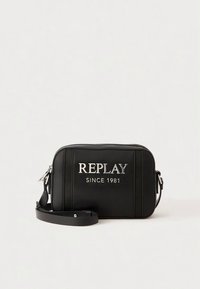 Black synthetic crossbody bag with silver "REPLAY SINCE 1981" logo, rectangular shape, adjustable strap, and subtle vertical stitching detail.