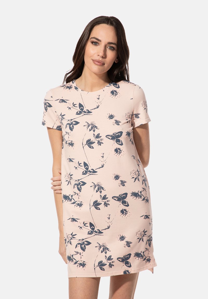 Kurzärmeliges, hellrosa Kleid mit marineblauem Blumenmuster. Verfügt über einen runden Ausschnitt und einen geraden Schnitt, aus leicht strukturierter Stoff.