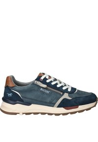 Zapatillas deportivas con un upper de gamuza en azul marino y gris, cordones blancos y un acento de cuero marrón. Presentan una cremallera lateral y una suela texturizada.