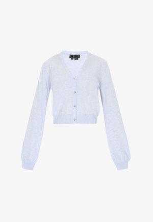 Hellblauer, kurz geschnittener Cardigan aus weichem Strickmaterial, mit V-Ausschnitt, durchgehender Knopfleiste und langen, leicht gepufften Ärmeln.