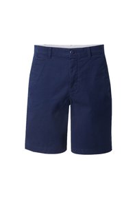 Pantalones cortos de algodón azul marino con cierre de botón, pasadores para cinturón, parte delantera plana y bolsillos; textura suave y corte hasta la rodilla.