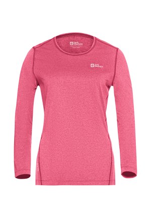 Maglietta sportiva rosa da donna a maniche lunghe con scollo rotondo, cuciture visibili e logo Jack Wolfskin sul petto e sul colletto interno.