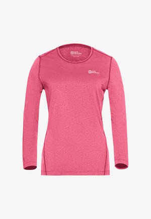 T-shirt de sport féminin à manches longues, rose, avec col rond, coutures visibles et logo Jack Wolfskin sur la poitrine et à l'intérieur du col.