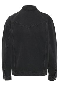 Black denim jacket with a classic cut, featuring a pointed collar, long sleeves, and buttoned cuffs. Back has a yoke seam detail.