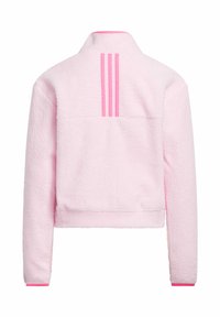 Veste en polaire rose avec un col haut, ornée de trois rayures verticales roses sur le haut du dos et d'un bord contrastant rose aux poignets.