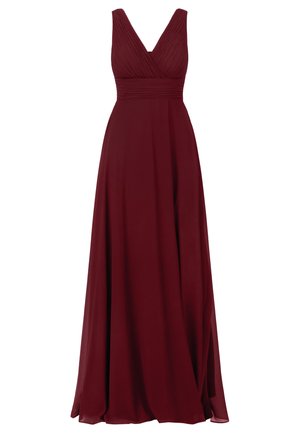 Robe longue bourgogne avec décolleté en V, corsage plissé et jupe fluide. Tissu lisse avec un subtil éclat, sans motifs ni accents visibles.