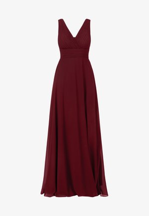 Bordeaux gulvlængde kjole med v-hals, plisseret liv og svajende skørt. Glat stof med en subtil glans, ingen synlige mønstre eller accenter.