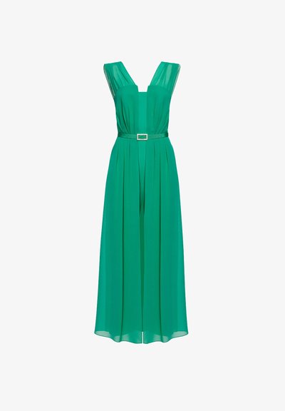 Rochie verde fără mâneci, cu decolteu în V, fustă plisată și o curea cu cataramă argintie. Fabricată dintr-un material ușor și fluid.