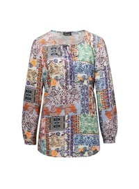 Mehrfarbige Bluse mit Blumen- und geometrischen Mustern, leichtes Material, lange Ärmel, runder Ausschnitt mit Kordelzugdetail.