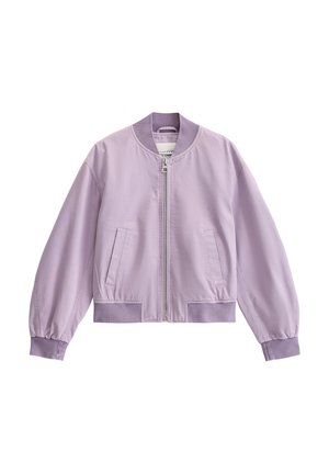 Helle lavendelfarbene Bomberjacke aus weichem Stoff, mit einem Frontreißverschluss, gerippten Bündchen und zwei Seitentaschen.