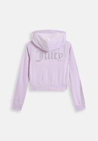 Felpa con cappuccio tagliata in velluto lilla chiaro, con logo "Juicy" tempestato di strass sul retro. Tessuto morbido, maniche lunghe.