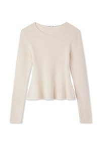 Maglia a maniche lunghe color crema con collo tondo e orlo svasato. Realizzata in tessuto morbido e strutturato, presenta sottili motivi verticali.