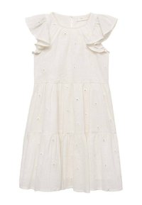 Weißes Baumwollkleid mit kurzen Rüschenärmeln, geschichteter Gestaltung und bestickten Blumenmustern. Verfügt über einen runden Ausschnitt und einen Reißverschluss hinten.