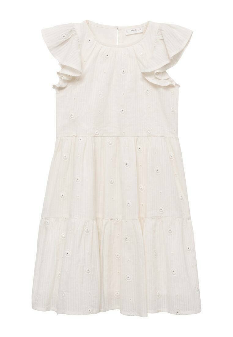 Weißes Baumwollkleid mit kurzen Rüschenärmeln, geschichteter Gestaltung und bestickten Blumenmustern. Verfügt über einen runden Ausschnitt und einen Reißverschluss hinten.