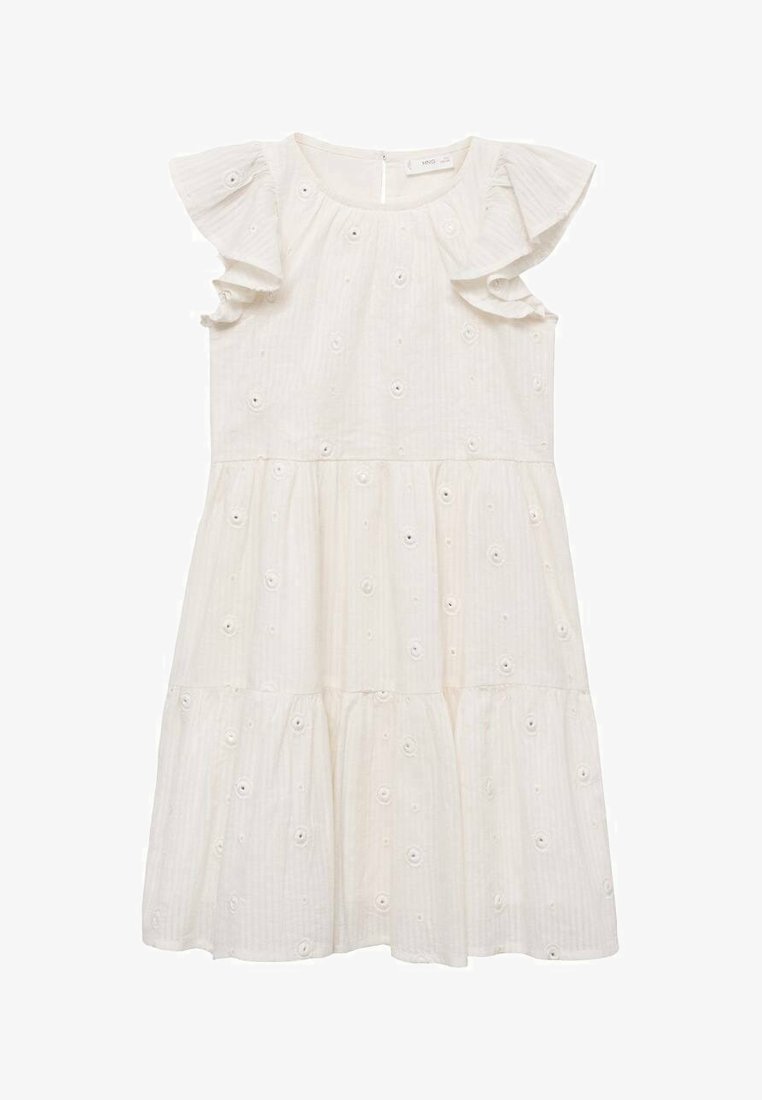 Rochie din bumbac alb cu mâneci scurte cu volane, design în straturi și modele florale brodate. Prezintă un decolteu rotund și un fermoar la spate.
