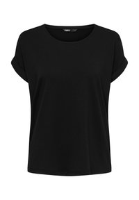 T-shirt nera a maniche corte con collo rotondo, realizzata in tessuto morbido; presenta risvolti sulle maniche e una vestibilità larga e rilassata.