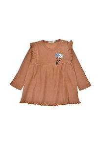Brown ribbed long-sleeve dress with ruffle accents and floral embroidery in blue and white. Features a round neckline and flared skirt.