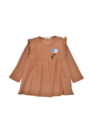 Brown ribbed long-sleeve dress with ruffle accents and floral embroidery in blue and white. Features a round neckline and flared skirt.