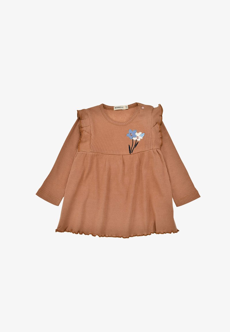 Braunes geripptes Langarmkleid mit Rüschendetails und floraler Stickerei in Blau und Weiß. Mit rundem Halsausschnitt und schwingendem Rock.