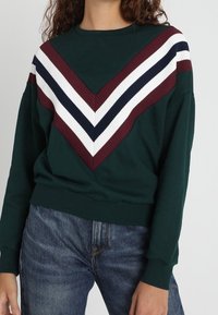 Sudadera verde con un patrón acanalado en forma de V en burdeos, blanco y azul marino en el pecho; corte relajado con puños y dobladillo acanalados.