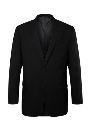 Black blazer with a single-breasted design, two buttons, notch lapels, single breast pocket, and dual side pockets. Smooth fabric texture.