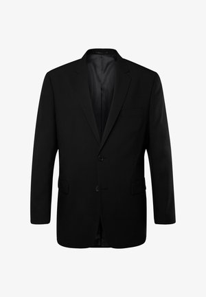 Zwarte blazer met een enkelvoudig ontwerp, twee knopen, notch revers, een enkele borstzak en twee zijzakken. Gladde stoffen textuur.