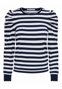 Maglia a maniche lunghe a righe con strisce orizzontali blu navy e bianche, collo rotondo e maniche a sbuffo con polsini a costine. Texture del tessuto morbida.