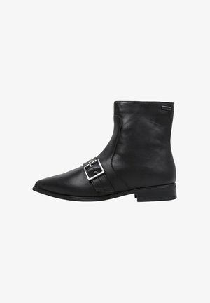 Black leather ankle boot with pointed toe, silver buckle strap across the front, and low block heel.