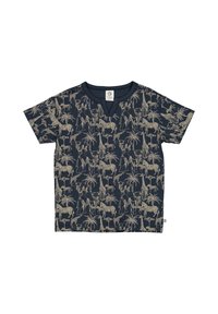 T-shirt blu navy a maniche corte con un motivo di animali beige e palme. Realizzato in tessuto morbido con scollatura rotonda e orlo leggermente curvo.