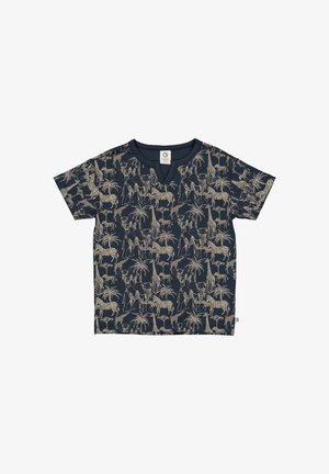 Navyblauwe T-shirt met korte mouwen voorzien van een beige dieren- en palmbomenpatroon. Gemaakt van zacht stof met een ronde halslijn en een licht gebogen zoom.
