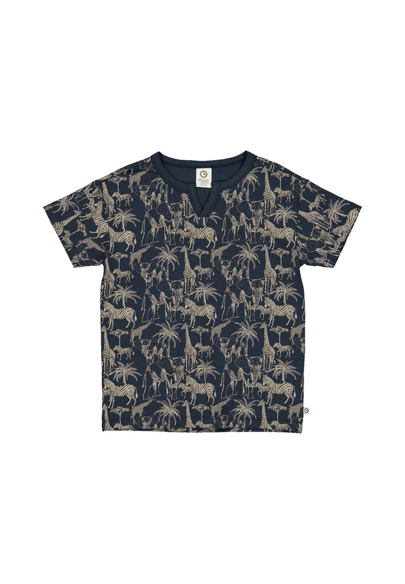 T-shirt blu navy a maniche corte con un motivo di animali beige e palme. Realizzato in tessuto morbido con scollatura rotonda e orlo leggermente curvo.