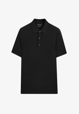 Schwarzes, kurzärmeliges Polohemd mit strukturiertem Strickmuster, Drei-Knopf-Leiste und spitzem Kragen.