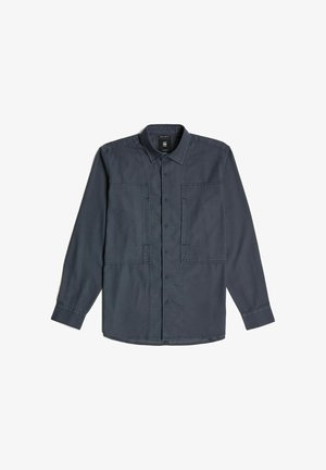 Chemise à manches longues gris foncé avec un devant boutonné, deux grandes poches sur la poitrine et un col. Tissu doux avec une coupe décontractée.