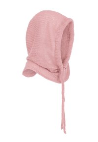 Różowy dzianinowy czapka z miękkim, teksturowanym wykończeniem, związywana pod szyją i o zakrzywionym kroju, zapewniająca ciasne dopasowanie wokół głowy.