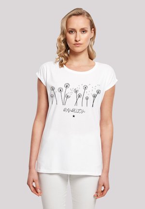 White cotton t-shirt with short sleeves, featuring a black dandelion graphic and text "DANDELION" in a casual font.