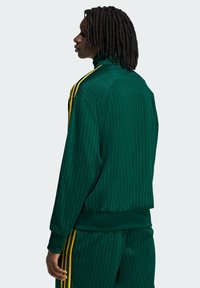 Zelená pruhovaná športová bunda s vysokým golierom, elastickými manžetami a žltými bočnými pruhmi. Materiál vyzerá hladký s mierne lesklou textúrou.