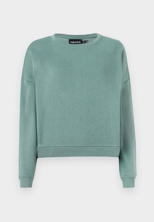 Vaaleanvihreä lyhyt huppari pehmeästä kankaasta, jossa pyöreä kaula-aukko ja pitkät hihat ribbailla, ei näkyviä kuvioita.