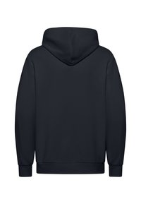 Dunkelblaues Hoodie mit glatter Textur, ausgestattet mit einer Kapuze, langen Ärmeln sowie ribbelten Bündchen und Saum. Schlichtes Design, ohne Muster oder Akzente.