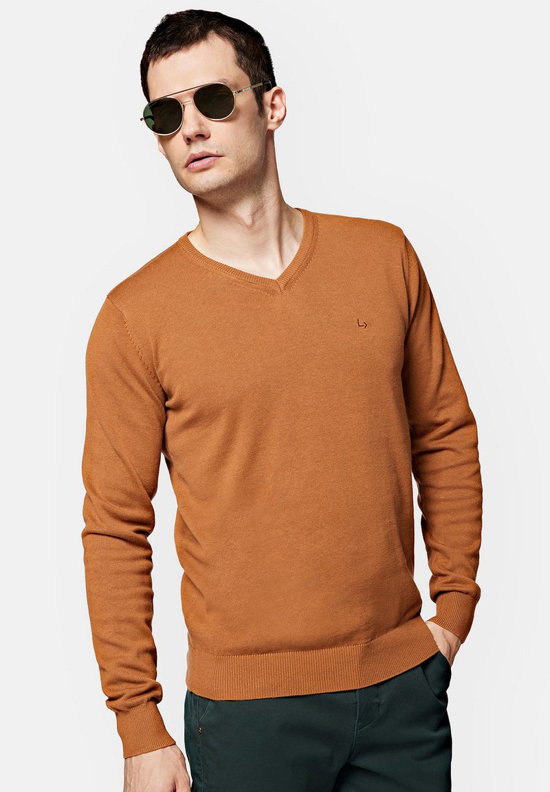 Brązowy sweter w serek z dzianiny, z długimi rękawami i dopasowanym dołem. Noszony z zielonymi spodniami i okularami aviator.