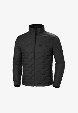 Schwarze gesteppte Jacke mit hohem Kragen, Reißverschluss und strukturiertem Muster. Leichtes Material mit glatter Oberfläche. Keine sichtbaren Hardware-Details.