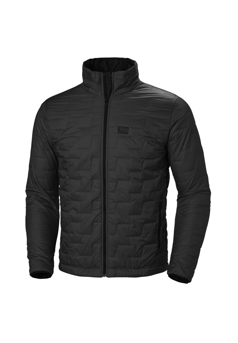 Chaqueta negra acolchada con cuello alto, cierre de cremallera y patrón texturizado. Material ligero con un acabado suave. Sin detalles de herrajes visibles.