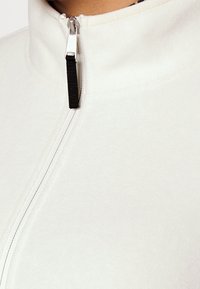 Vaaleanbeige vetoketjukaulus takki, joka on valmistettu pehmeästä fleece-materiaalista. Ominaisuuksiin kuuluu pystysuora vetoketju, jossa on musta vetotappi ja urheilullinen muotoilu. Sujuva pinta.