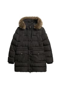 Chaqueta de plumas negra con capucha forrada de piel, cremallera frontal y dos grandes bolsillos con botones a presión. Presenta un acolchado horizontal y puños de manga elásticos.