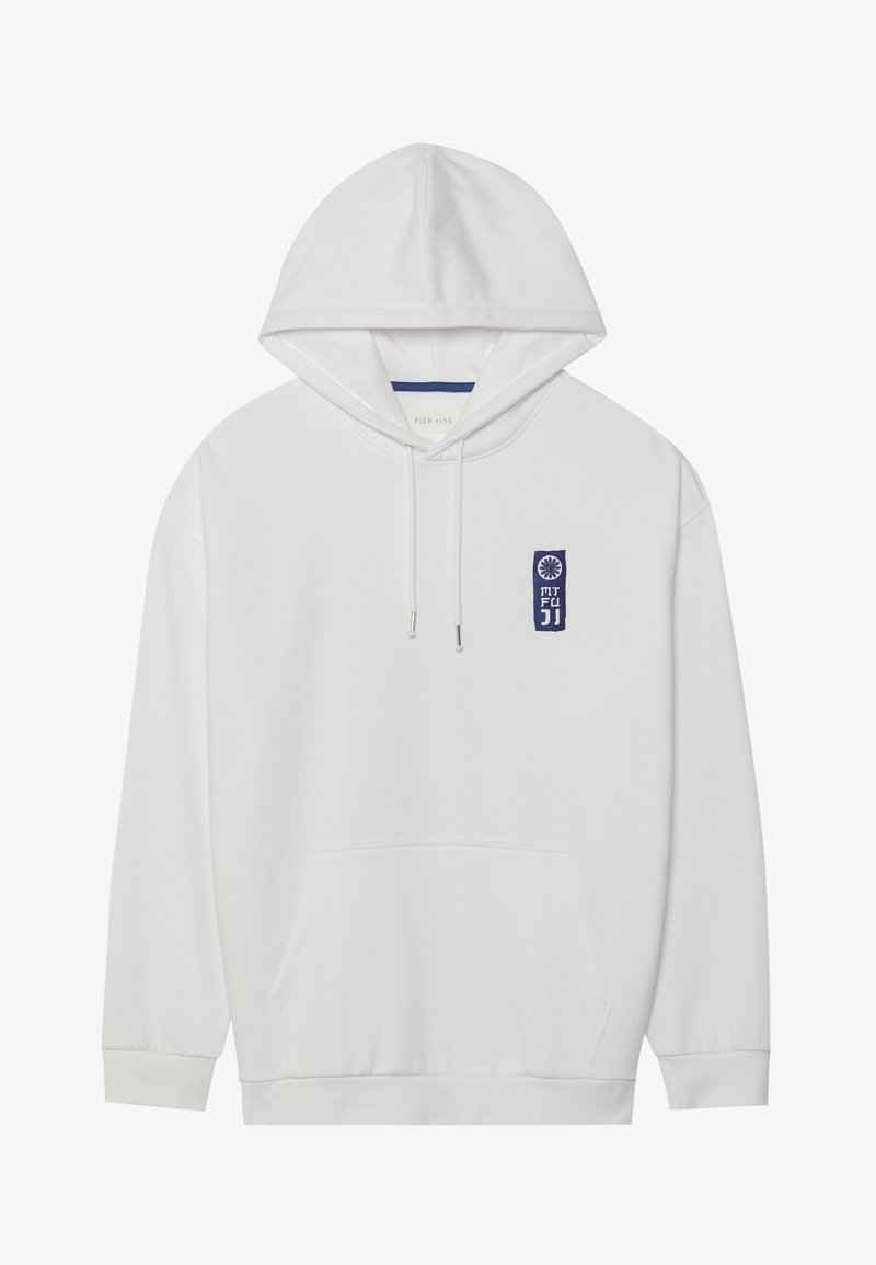 White hoodie made of soft fabric, featuring a front pocket, drawstring hood, and a small blue embroidered logo on the chest.